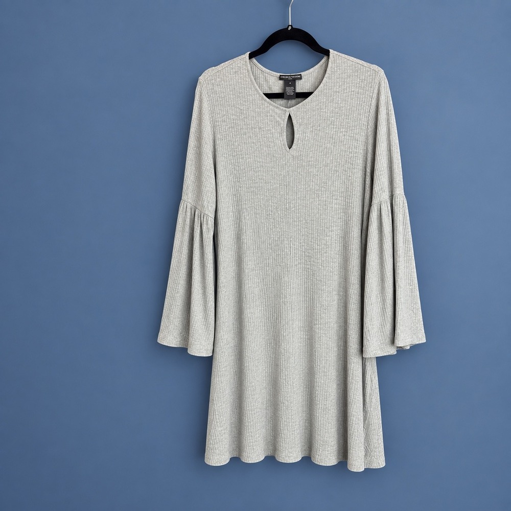 Chelsea & Theodore Woman Gray Ribbed Keyhole Bell Sleeve A-Line Dress 1X